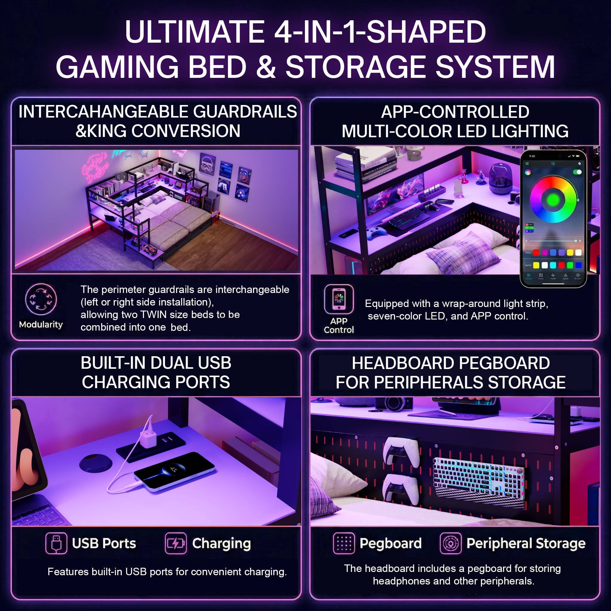 Mintazer Twin LED Gaming Daybed Storage Platform Bed with Charging Station & Integrated Desk Bookshelves and 3 Drawers for Kids Teens, Black+Purple