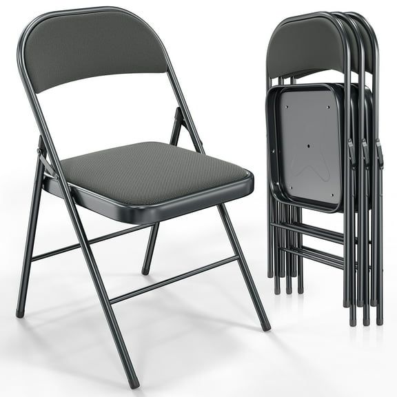 Ktaxon 4 Pack Folding Chairs Foldable Event Chairs with Metal Frame and Soft Fabric Cushion and Back Wedding Party Gray and Black