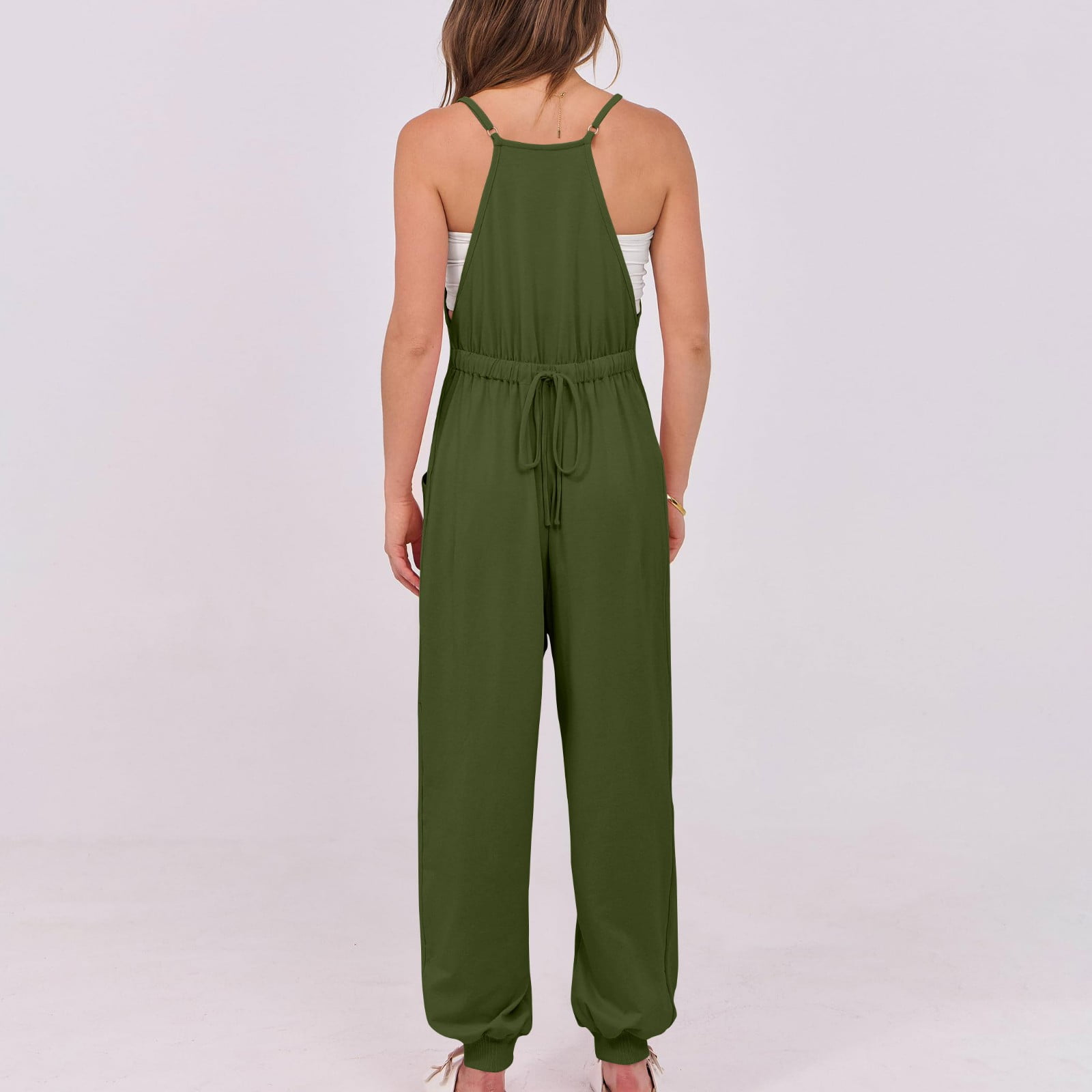 lcziwo One Piece Joggers Pants for Women 2025 Summer Sleeveless Straps Yoga Workout Jumpsuit Solid Casual Elastic Bottom Overalls with Pockets Prime Sales Today Clearance