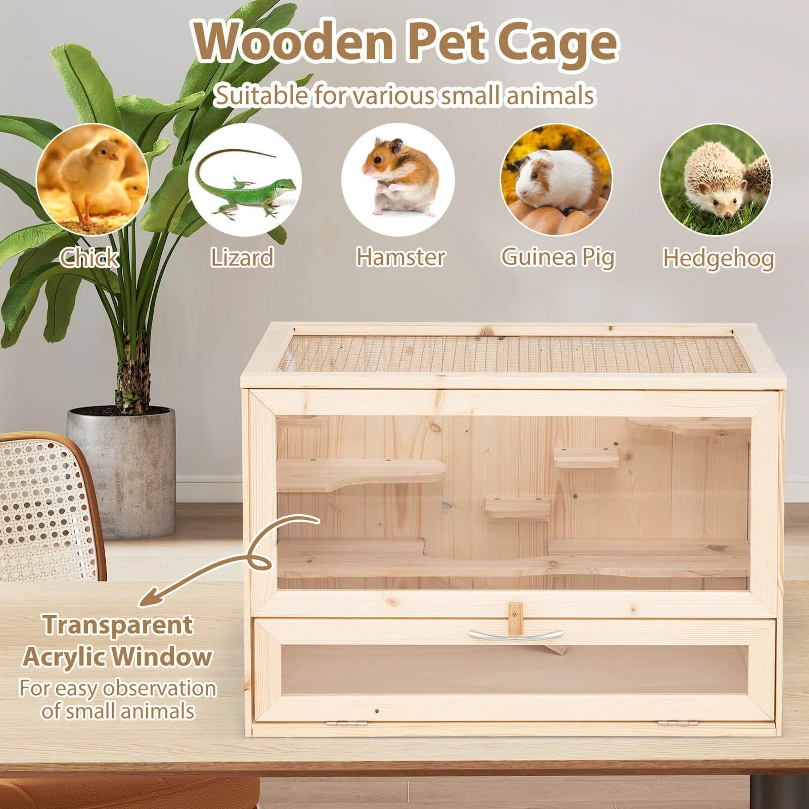 DRAZUNO Wooden Hamster Cage Hamster Habitat Playpen w/ Mesh Flip Roof Multi-Ladder Areas