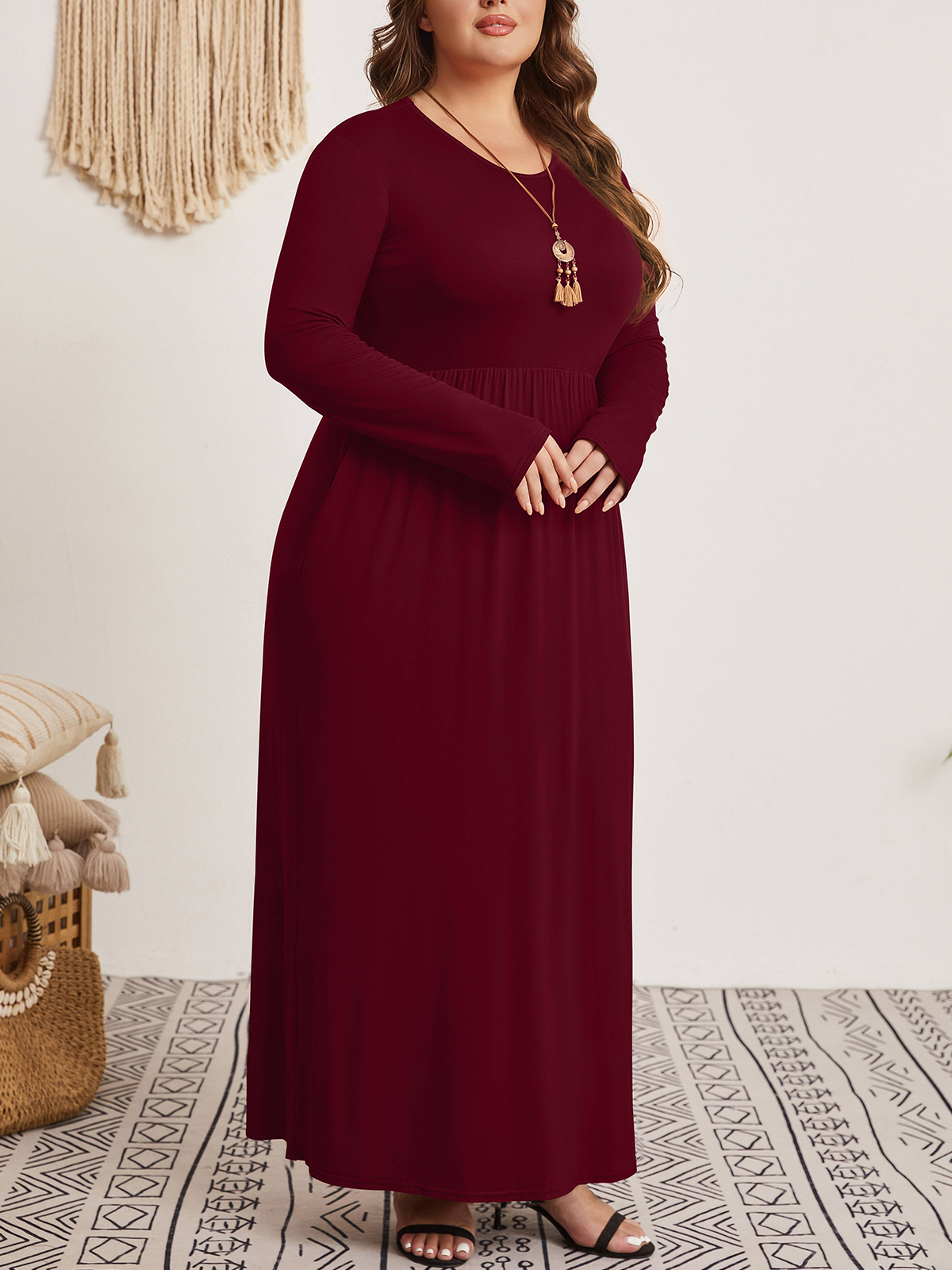 Mengpipi Women's Plus Size Long Sleeve Maxi Dress, Red photo 7
