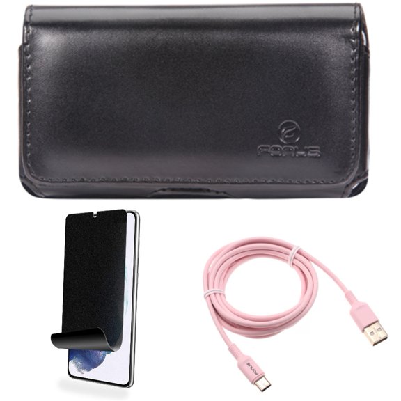 For Samsung Galaxy S21 (6.2") - Charger Cord Pink 6ft USB-C Cable   [Fingerprint Works] TPU Film Privacy Screen Protector   Swivel Leather Case Belt Clip