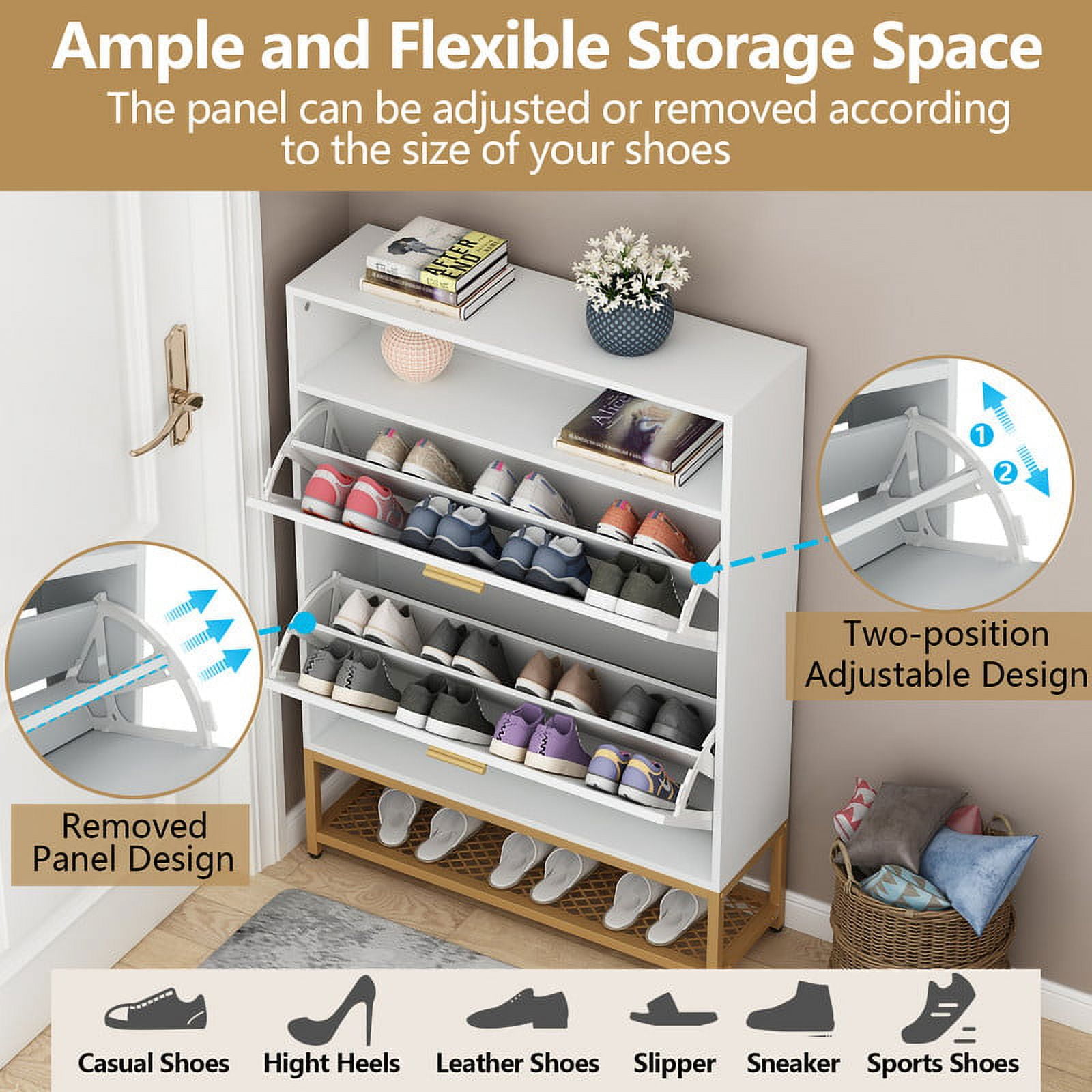 Loomie Shoe Cabinet, Free Standing Tipping Bucket Shoe Rack Organizer with  2 Flip Drawers, Entryway Narrow Shoe Storage with Storage Shelf & Top