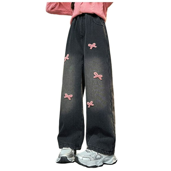 yocbz Girls Baggy Jeans Star Embroidery Casual Fall Winter Bow Embroidered Girls Fleece Lined Thickened Straight Leg Loose Wide Leg Pants Medium Large Children Denim Long Pants Black,15-16 Years