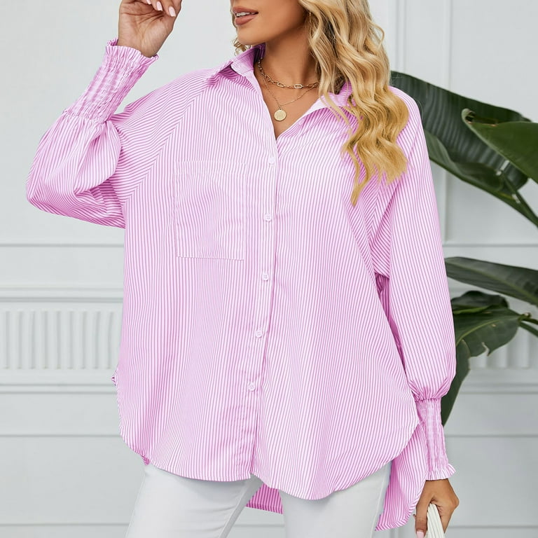 YYDGH Women's Striped Long Sleeve Button Down Shirt with Pocket Casual  Boyfriend Blouse Tops with Smocked Cuffed Pink S