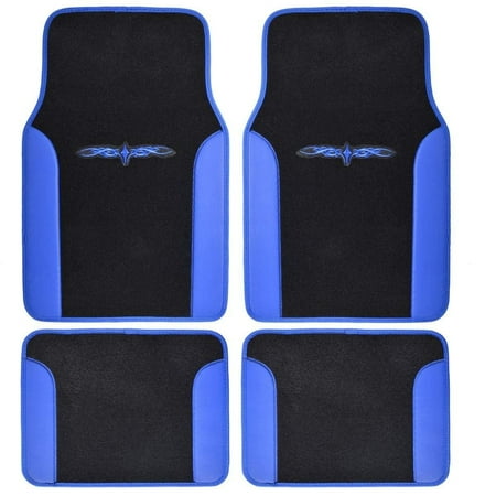 A Set of 4 Universal Fit Plush Carpet with Vinyl Trim Floor Mats For Cars/Trucks (Blue)