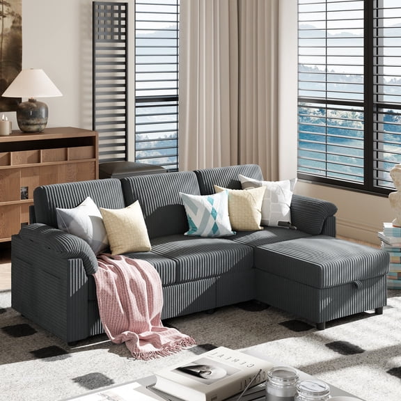 Walsunny 79" Convertible Sectional Sofa, L Shaped Sofa Couch with Reversible Chaise for Living Room Modern Linen Fabric for Living Room, Dark Gray