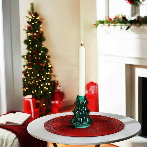 AuroraX Christmas Pillar Candle Holder Glass Green Decorations,2.83 Inch Small Christmas Tree Candlestick Holders,Dining Room Bedroom Table Centerpiece Home Decor