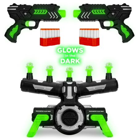 Best Choice Products Glow-in-the-Dark Foam Dart Gun Blasters & Floating Target Set w/ 24 Darts, 2 Guns & Dart Clips, (Best Toy Guns In The World)
