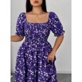 thumbnail image 2 of Purple Plus Size Summer Casual Ditsy Floral Square Neck Puff Sleeve Tiered Maxi Dress, 2 of 6