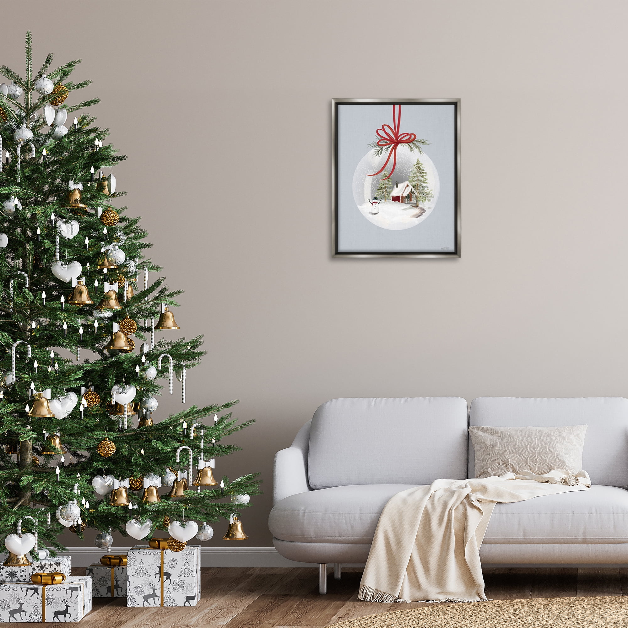 Stupell Industries Cottage Scene Snowglobe Holiday Painting Gray Floater Framed Art Print Wall Art, 25 x 31