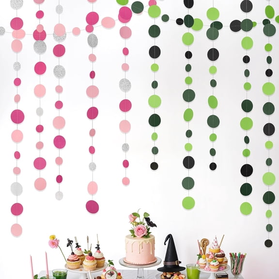 Cheerland Pink Green Glitter Circle Garland Hanging Dot Streamers for Witch Party Wizard Birthday Girl Halloween Theme