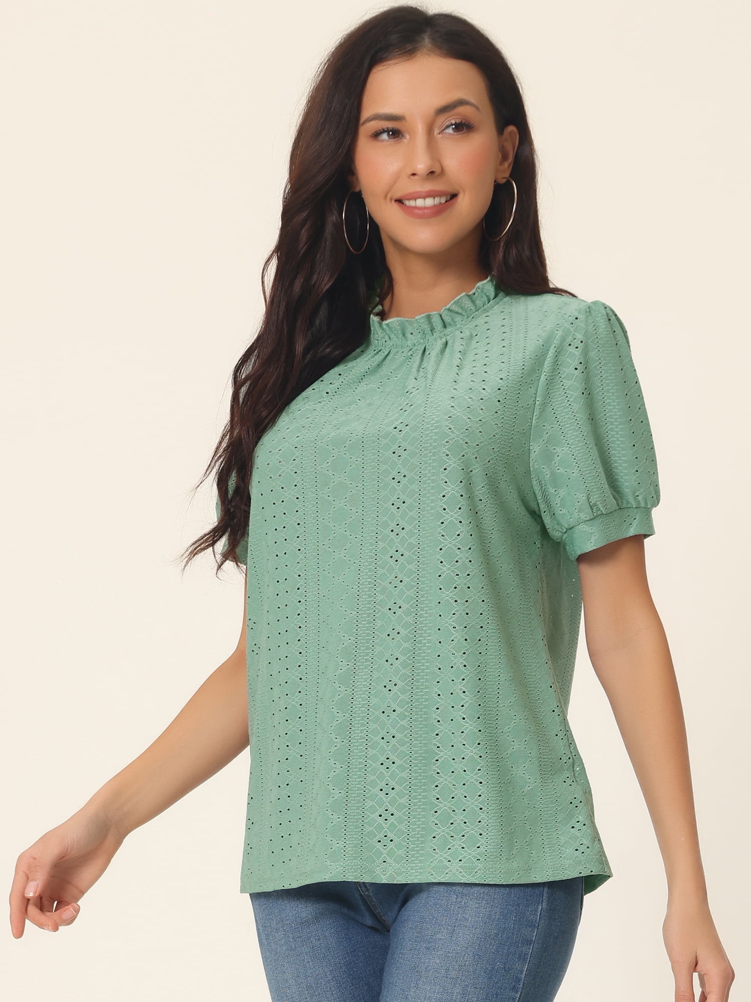DARING DIVA Women's Puff Sleeve Eyelet Tops Back Button Down Blouses M Green