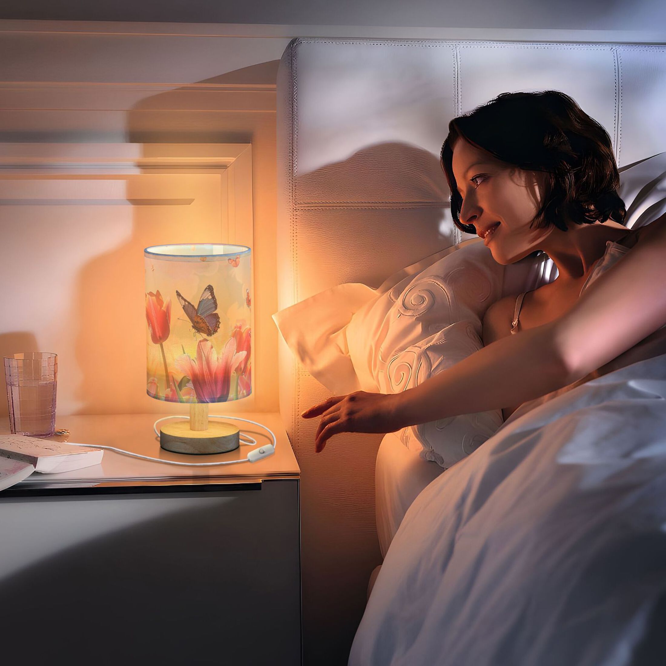 Tulips Butterflies Sun Oil Painting Table Lamp with USB Port LED Warm Light Lamp Night Light Home Decor