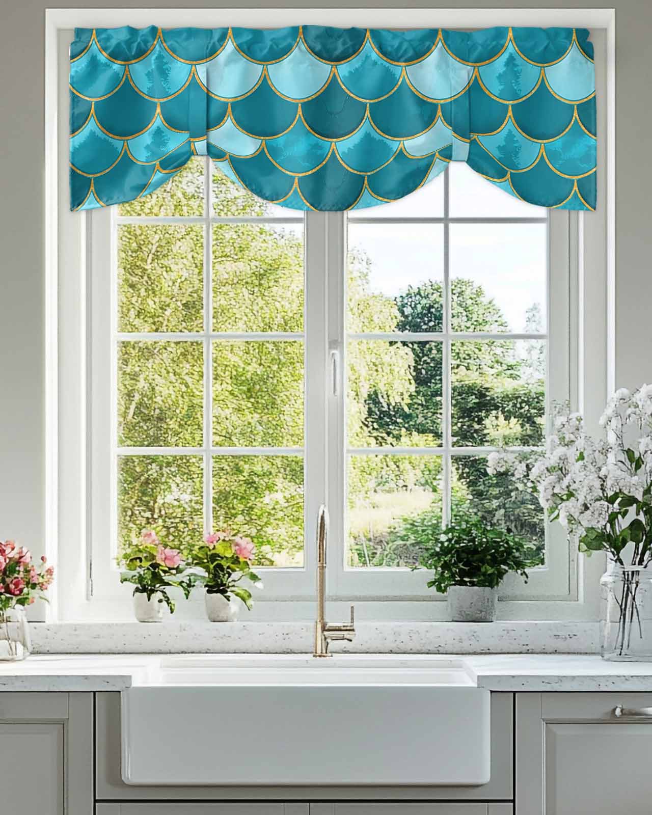 Turquoise Fish Scales Tie Up Valances Curtain, Adjustable Kitchen Ombre Fish Tail Abstract Art Vintage Valances for Windows Decor, Rod Pocket Short Curtains Set for Bedroom/Bathroom, 54"x18"