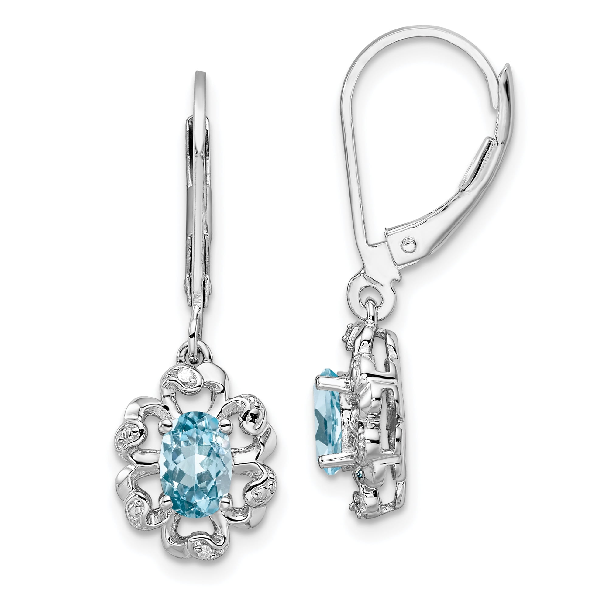 Solid .925 Sterling Silver Rhodium-plated Diamond & Light Blue Topaz Earrings 28x9mm