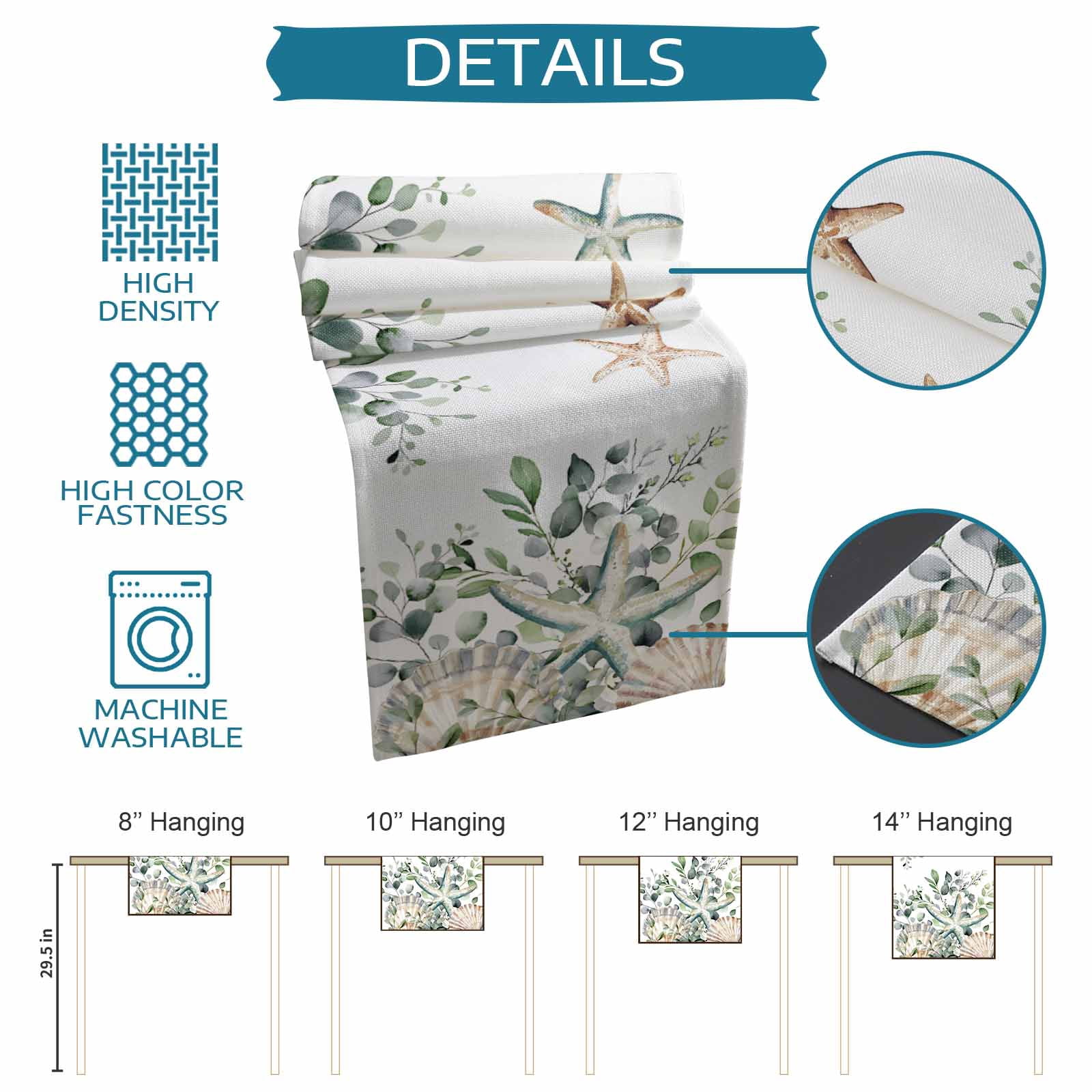Sage Green Coastal Table Runner 72 Inches, Spring Eucalyptus Leaves Bed Runner Dresser Scarves Tabletop for Indoor Outdoor Parties/Ceremony/Banquet, 18" x 72"