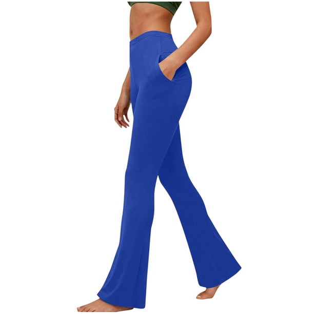 Amzcrzy Leggings Acampanados Mujer S-2XL - Yoga, Cintura Alta Sin Costura Delantera, Muy Elásticos Cómodos, Color Liso, Bolsillos Azul