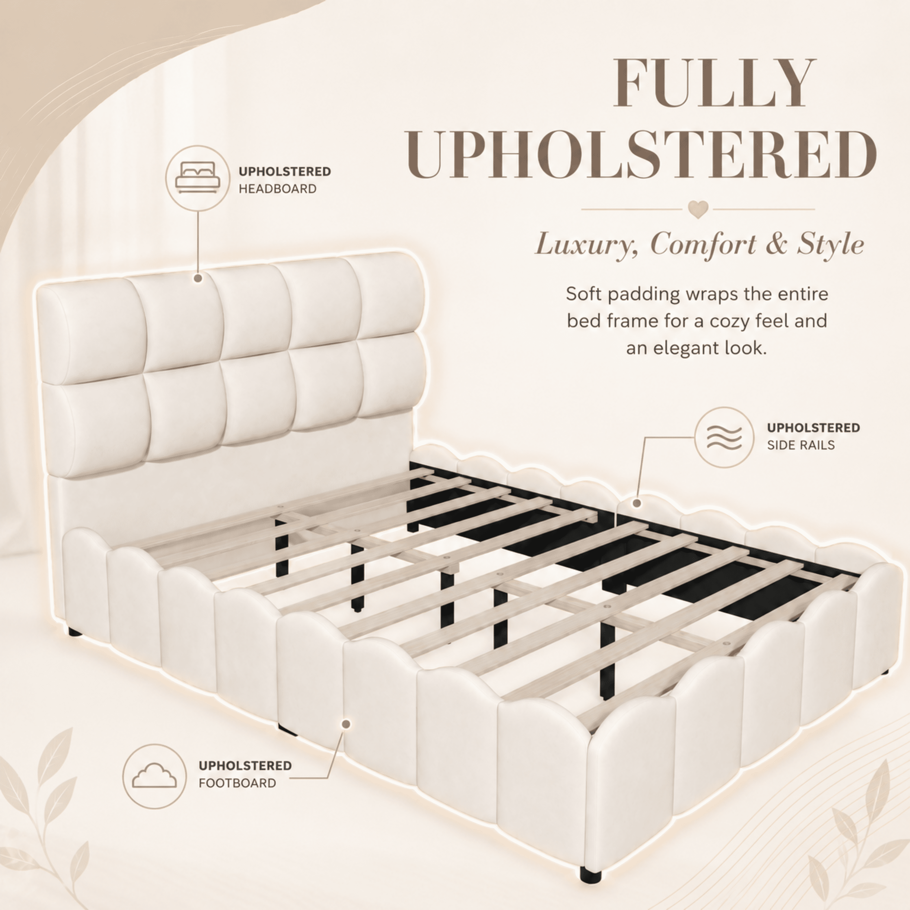 Euroco Upholstery Velvet Full Size Platform Bed with Tall Panel Headboard, No Box Spring Needed, Beige