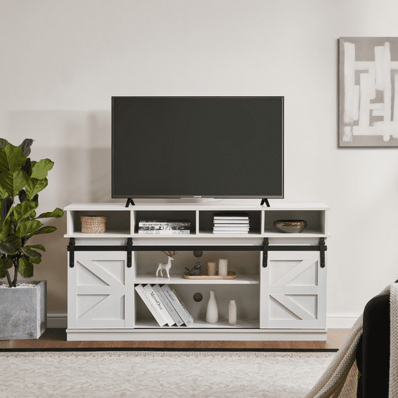 MAYEERTY TV Stand with Sliding Barn Door, 65” TV Entertainment Center, White