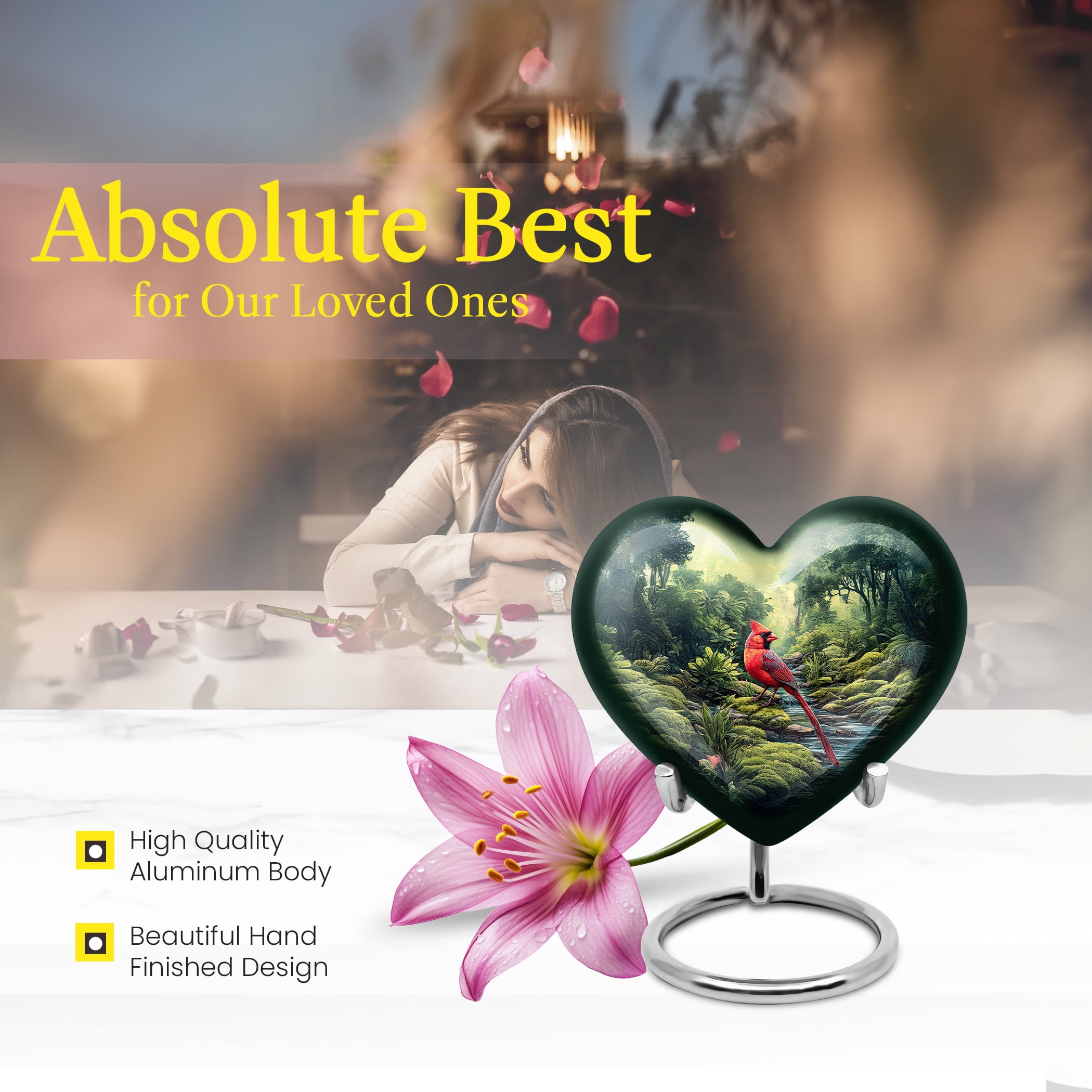MUKTIVE Cardinal Bird Cremation Urns for Adult Ashes Women - Green Keepske Memorial Urns for Adult Male - Mini Funeral Urn for Mom and Dad - Burial Urn for Ashes for Women - 3 Inch (Heart)