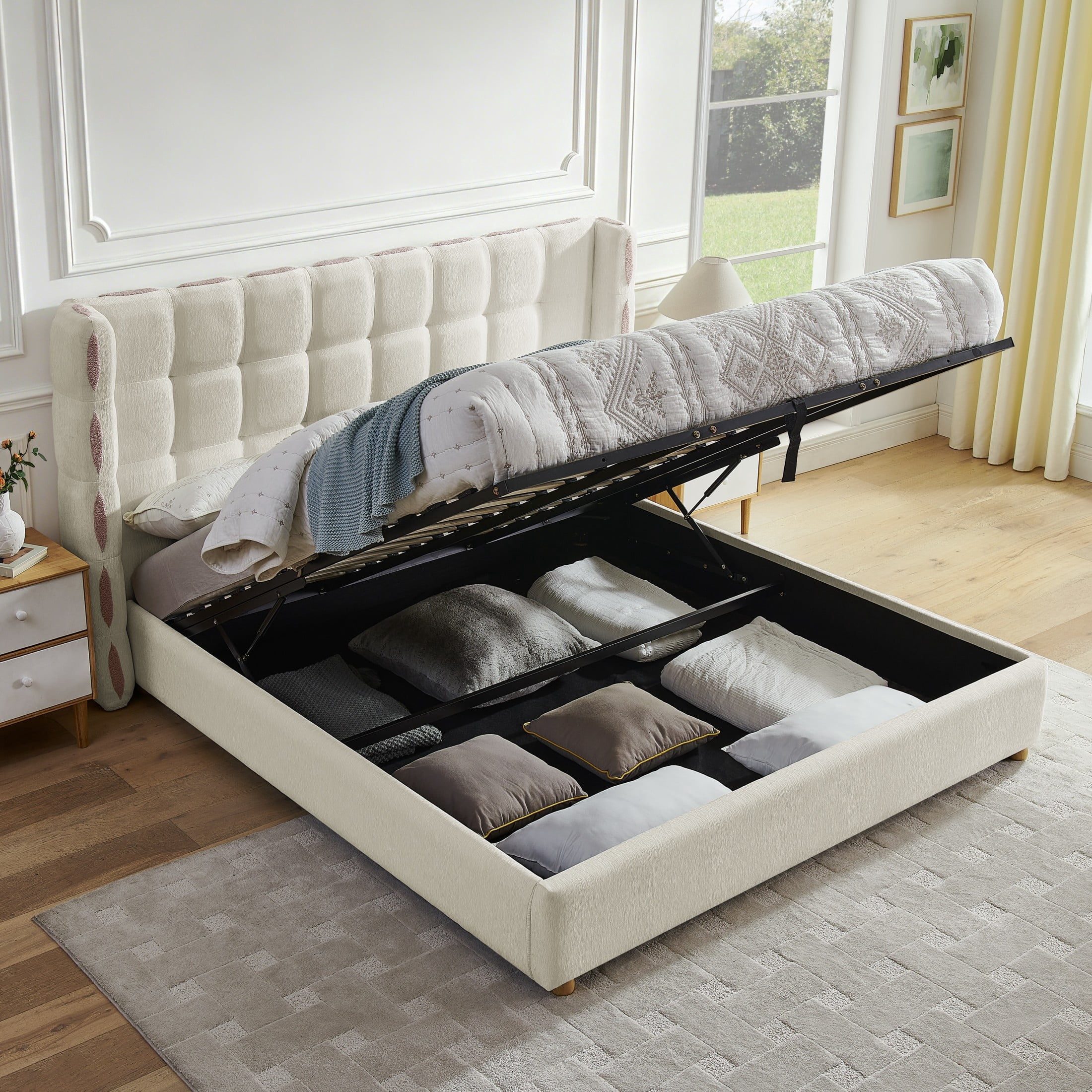 Noble House Elite King Size Upholstered Platform Bed with Removable Chenille Wingback and Under-Bed Storage, White