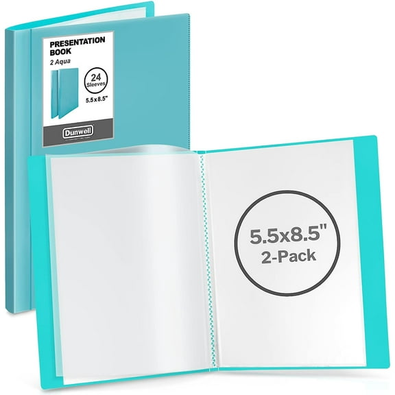 Small Presentation Book 5.5x8.5 (2-Pack, Aqua), 24 Pockets Display 48 Half Size Pages, Plastic Binders with Sleeves, 5.5 x 8.5 Mini Booklets, Acid-Free Poly