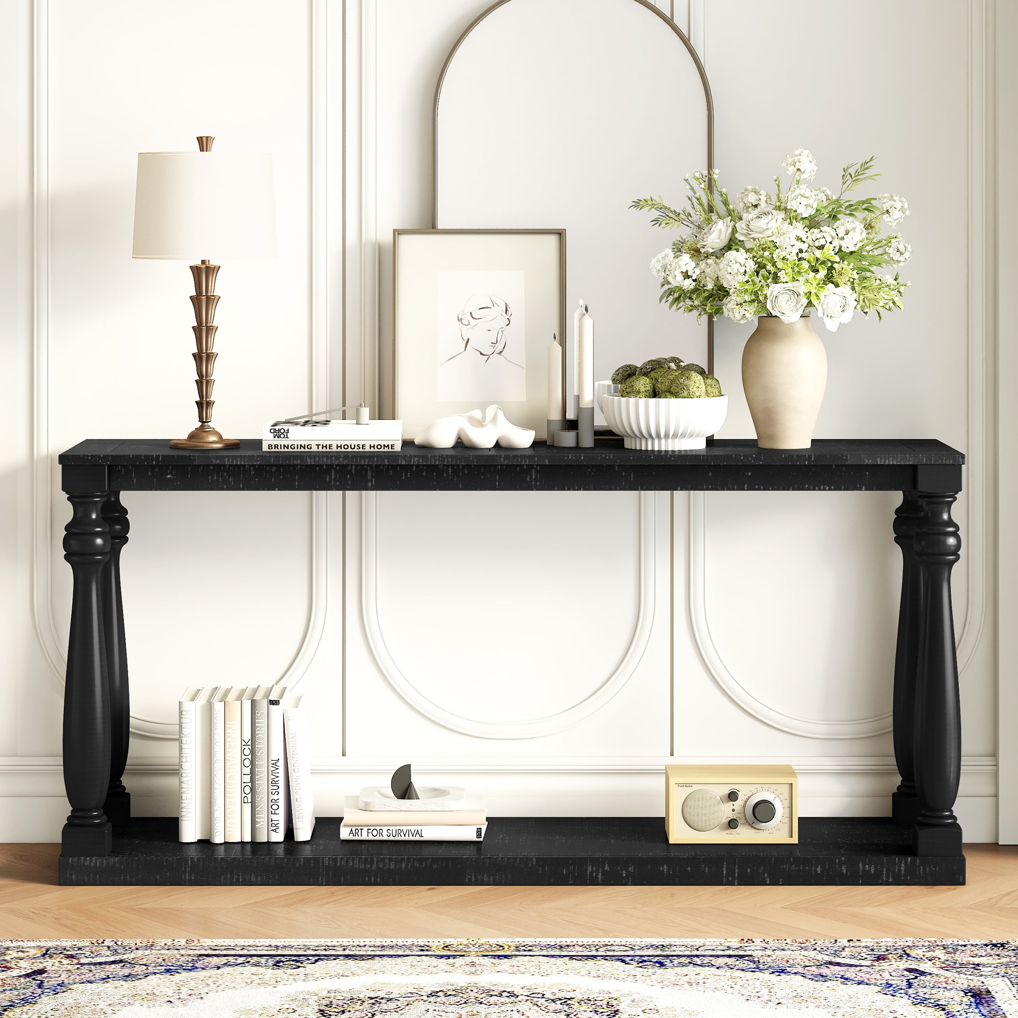 Euroco Retro Console Table,63" Extra Long Entryway Table with Bottom Shelf and 4 Vase Legs, 2-Tier Narrow Sofa Table Behind the Couch for Entryway, Hallway, Living Room,Black