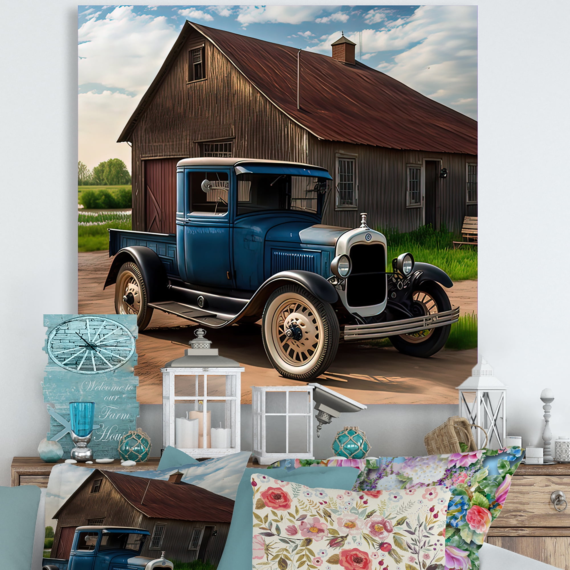 Designart 30S Ford Car In Barn II Canvas Wall Art