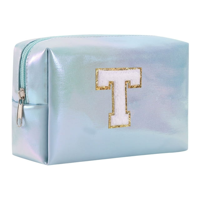 Bolsa de maquillaje con letras bordadas de gran capacidad, neceser, bolsa de viaje, bolso de mano, bolso de cosméticos, azul
