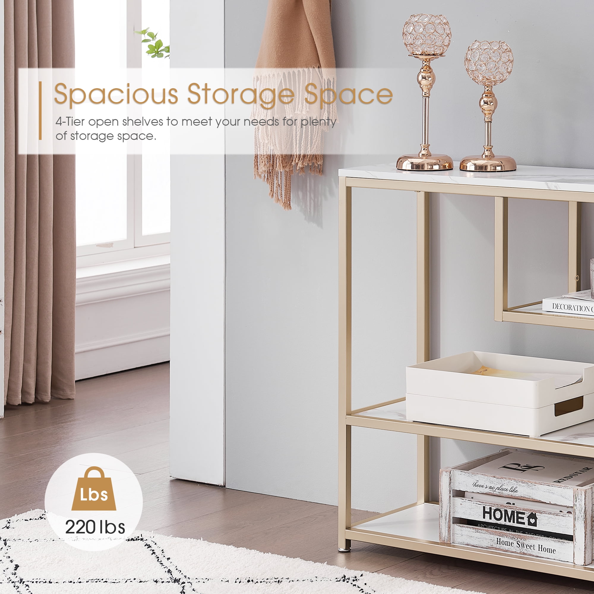 Ivinta 3-Tier White Marble Console Table with Shelves, Entryway Table TV Stand with Gold Metal Frame