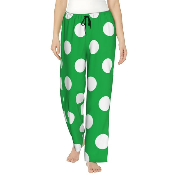 Balery Green And White Polka Dot Pantalones de pijama para mujer, pijamas ultraligeros, pantalones de estar por casa-Large