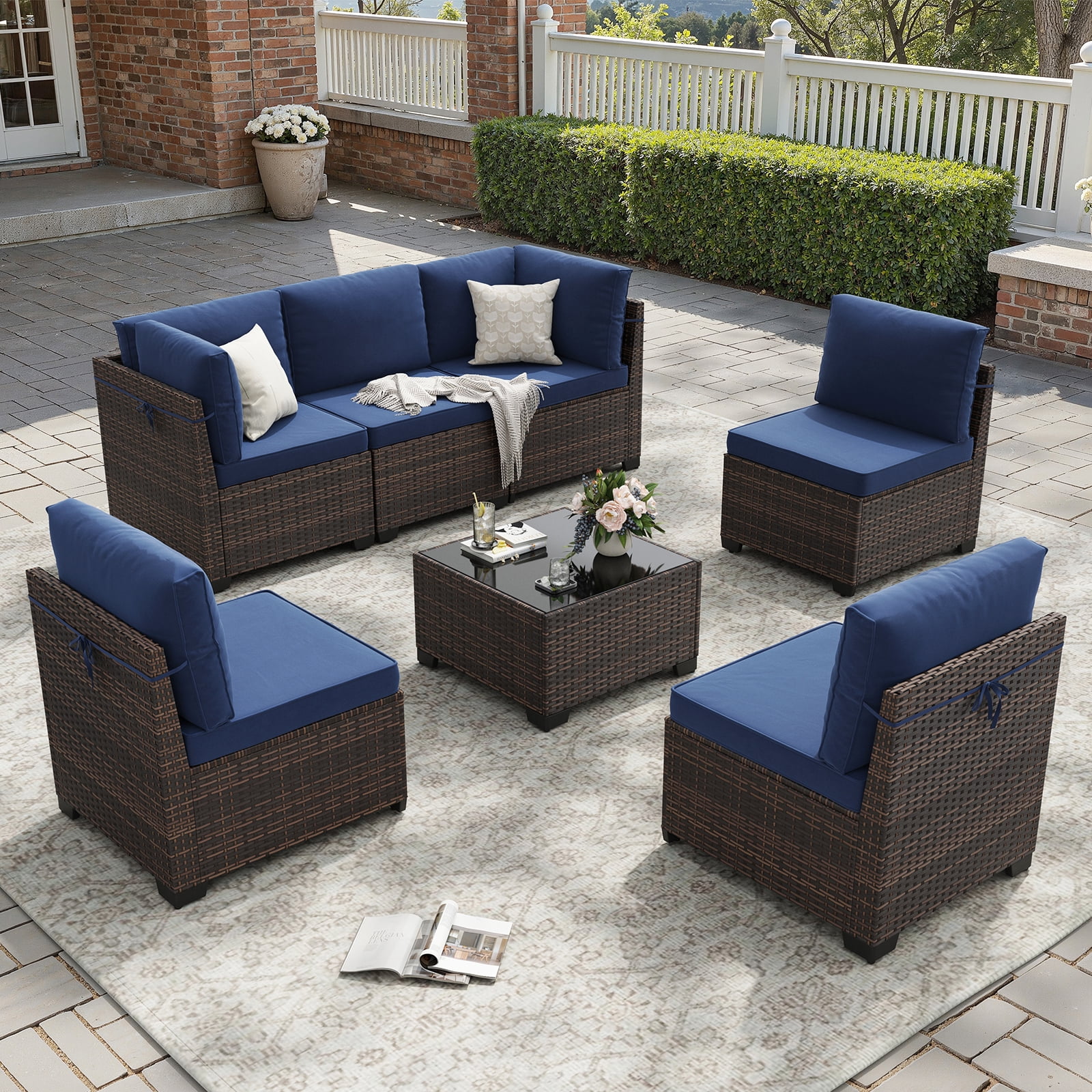 STARY 7 Pieces Outdoor Conversation Set, Patio Sectional PE Rattan Furniture Set for Backyard, Blue