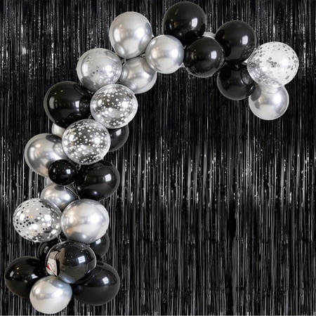 60Pcs 12 Inch Metallic Silver Black Balloon with Silver Confetti Latex Balloons and 2 Pack Black Streamer 3.2 x 6.56 FT for Birthday Wedding Baby Bridal Shower Party Decorations