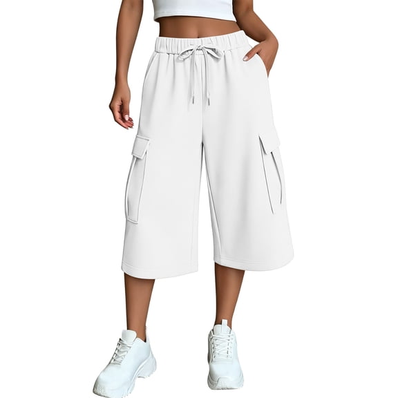 Ltctricy Women's Capri Pants Baggy Cargo Wide Leg Cropped Sweatpants Drawstring High Waisted Casual Pants with Pockets