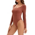 thumbnail image 4 of INSPIRE CHIC Women's Long Sleeve Bodysuit Slim Fit V Neck Tummy Control Brief Shapewear S Brown, 4 of 5
