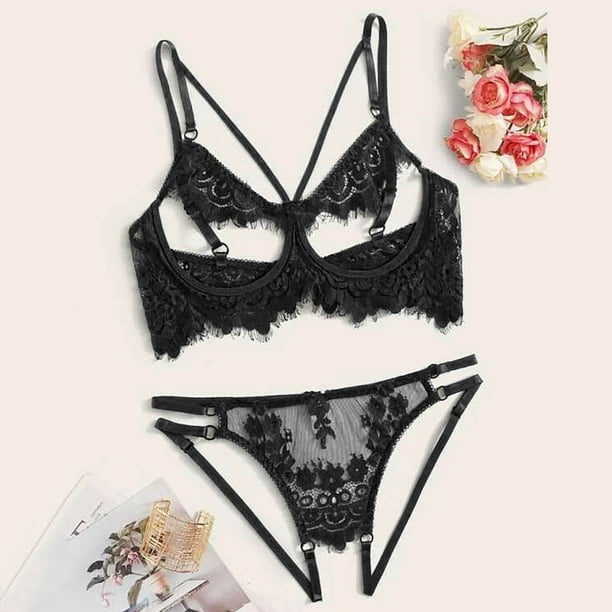 E et D ED024 Black lace flower print contour push bra set with matching  panties