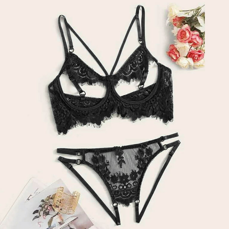 Ladies' Thin Lace Decorated Bra And Thong Set With Floral Lace Trim