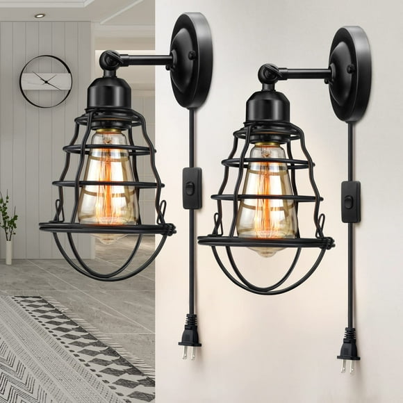 LYOOWNG Plug in Wall Sconces 2pack Industrial Wall Lamp with Plug in Cord Farmhouse Wall Sconces Wire Cage Wall Sconce Vintage Wall Mounted Lamp Plug in Wall Lighting Sconce Black