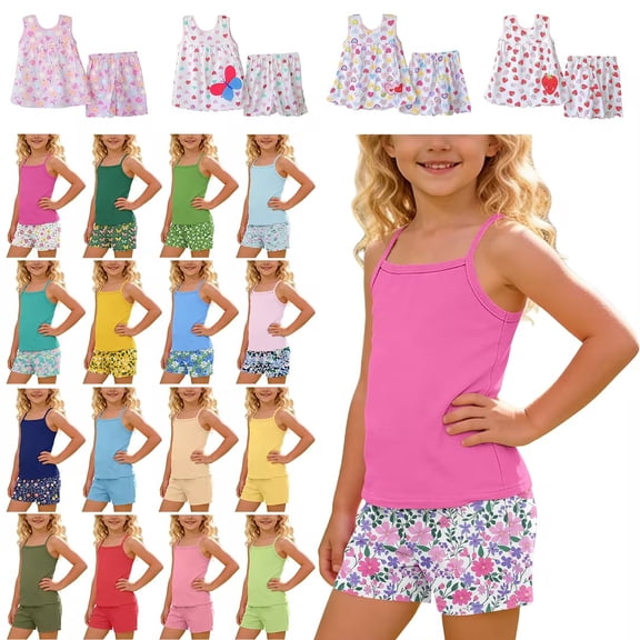 Bovxnpu Girls 2 Piece Outfits, Girl Sleeveless Tee T Shirt Tank Top Shorts, Girls Casual Dress Shorts Set Two-piece Suit Suitable For 1 To 3 Years Old 1-2 Years