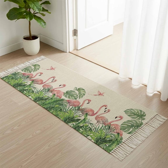 Kitchen Runner Rugs, Rustic Flamingo Bird Monstera 2'x4' Throw Rug with Tassels, Watercolor Animal Plant on Linen Washable Soft Floor Carpet Runner for Hallway Bedroom Bathroom Laundry Room