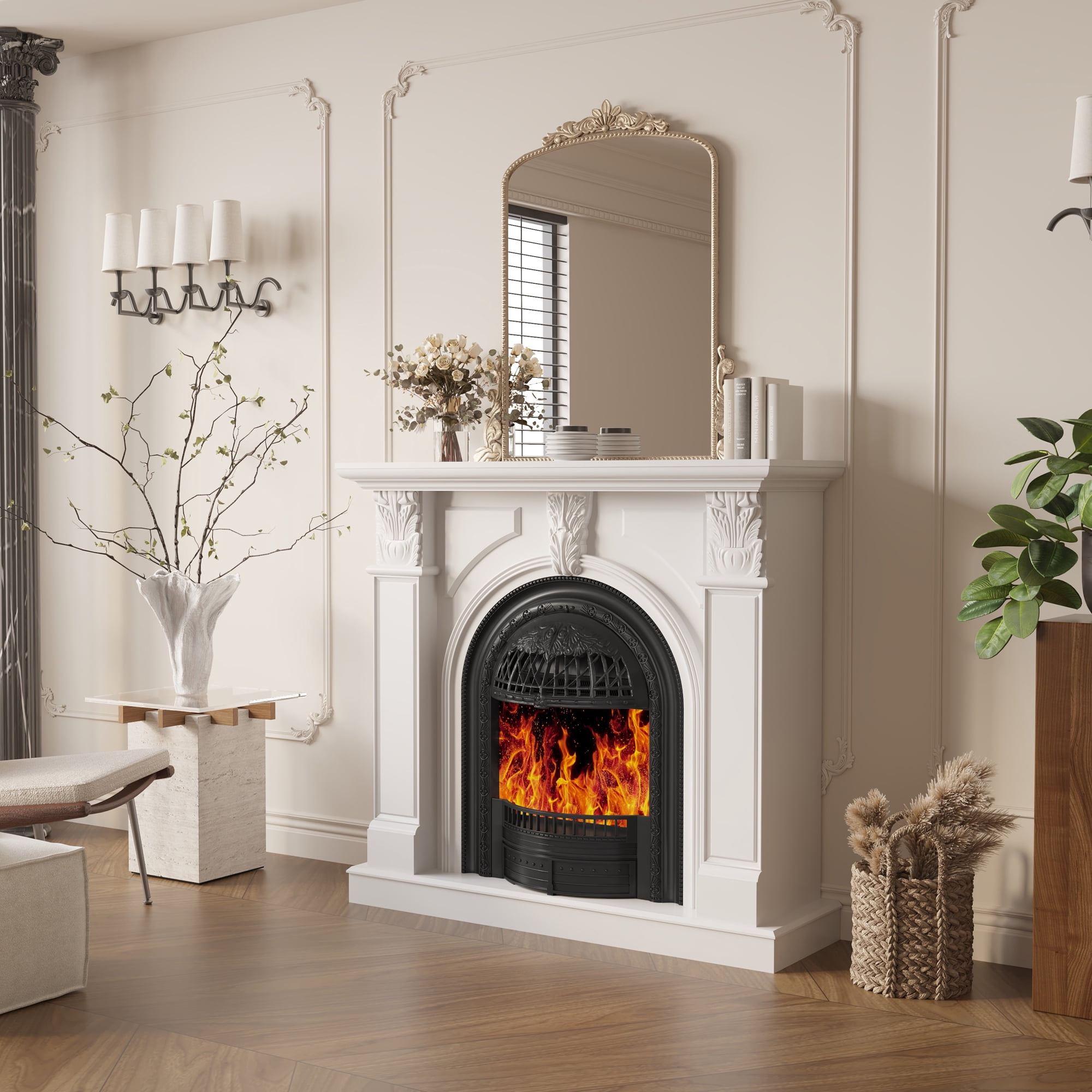 BOSHIRO Electric Fireplace with Mantel, 48 Inch Fireplace Tv Stand with Birdcage Fireplace Heater for Bedroom, Entryway Decor
