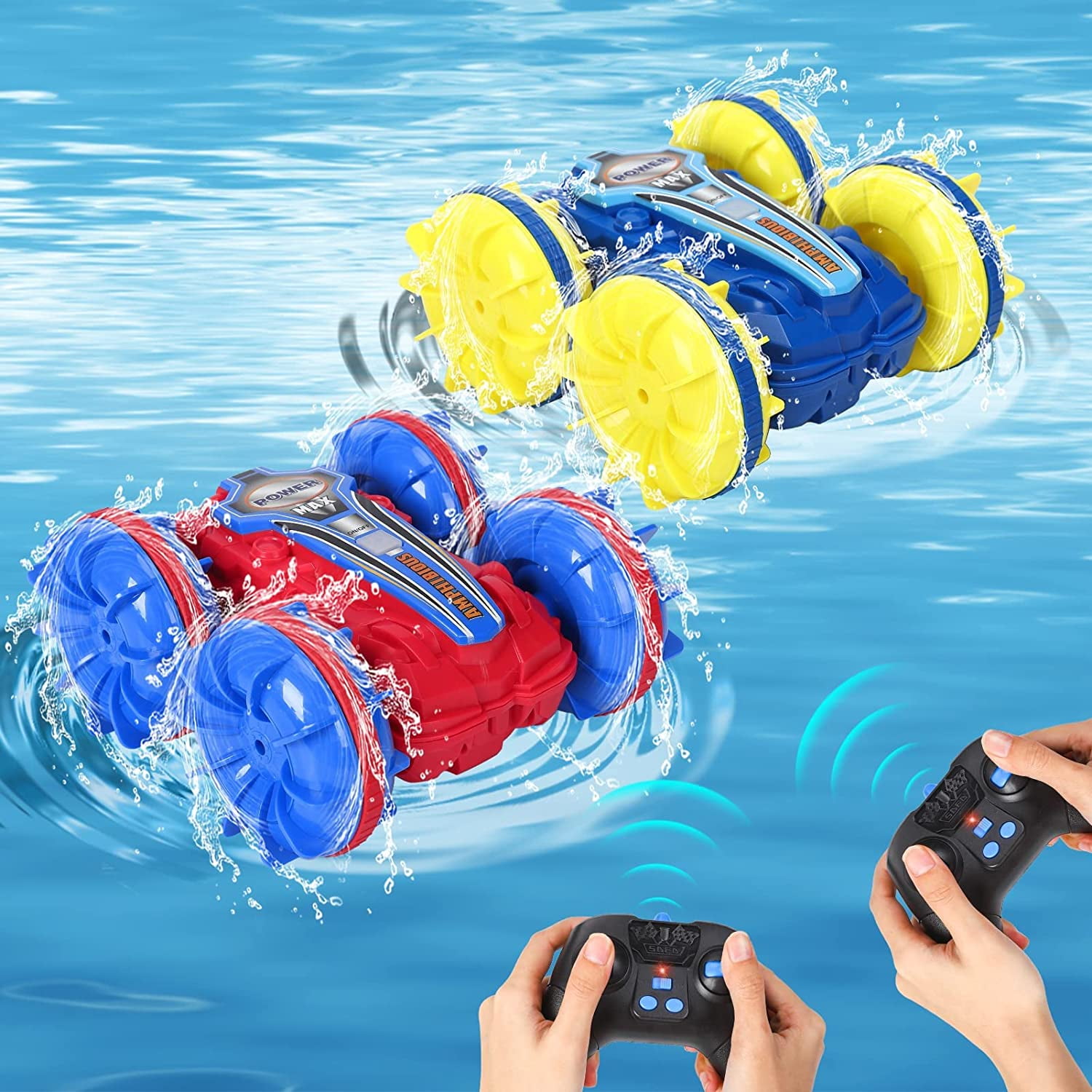 2 Pack Amphibious Remote Control Cars , 4WD 2.4GHz Waterproof RC Stunt Cars, Rotating 360° Off