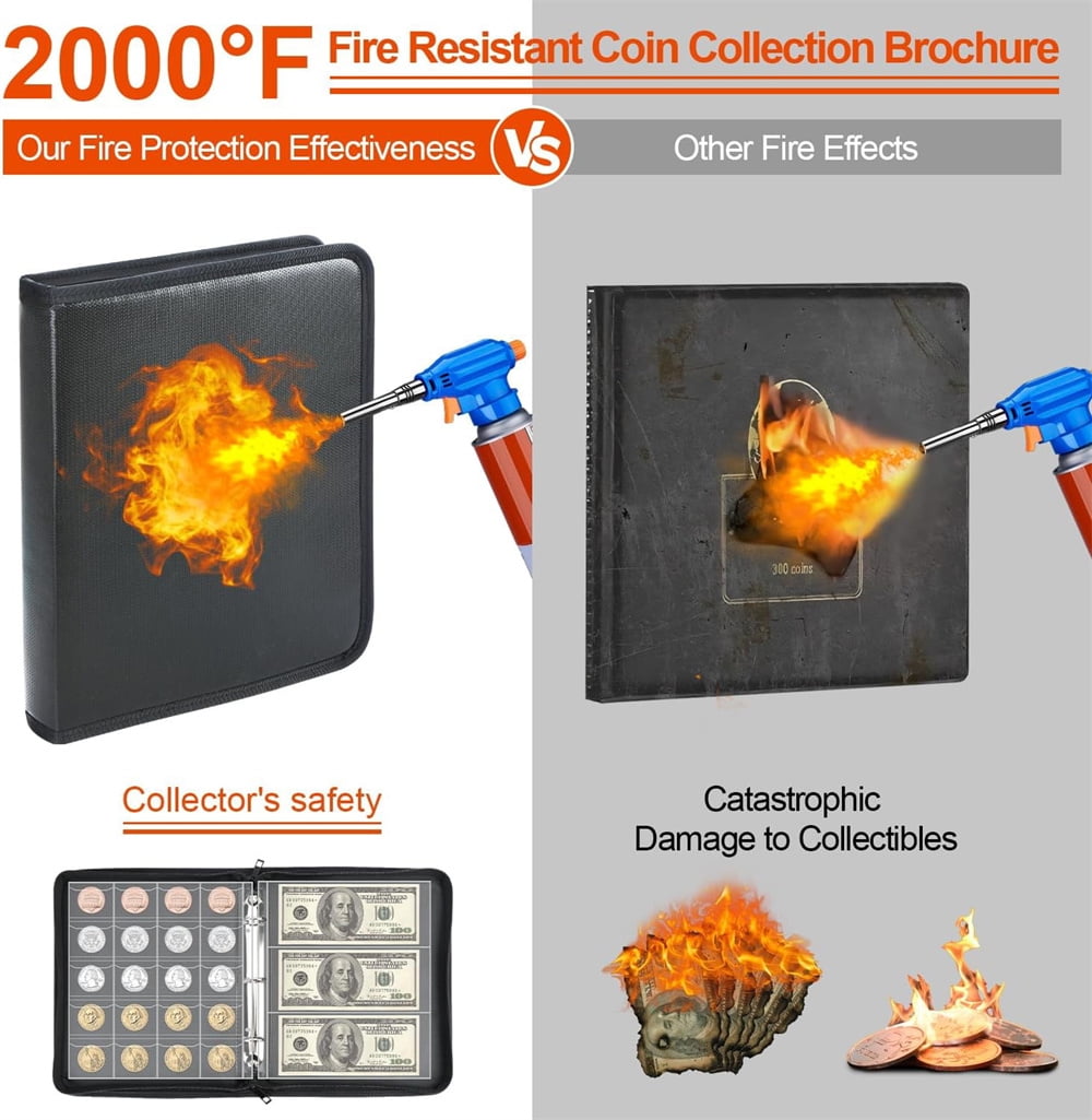 NOGIS Fireproof Coin Collection Book Holder for Collectors,360 Pockets Coins Collecting Album & 36 Sleeves Currency Storage Case for Coin Collection Supplies,Bill,Pennies, Quarters,Stamp