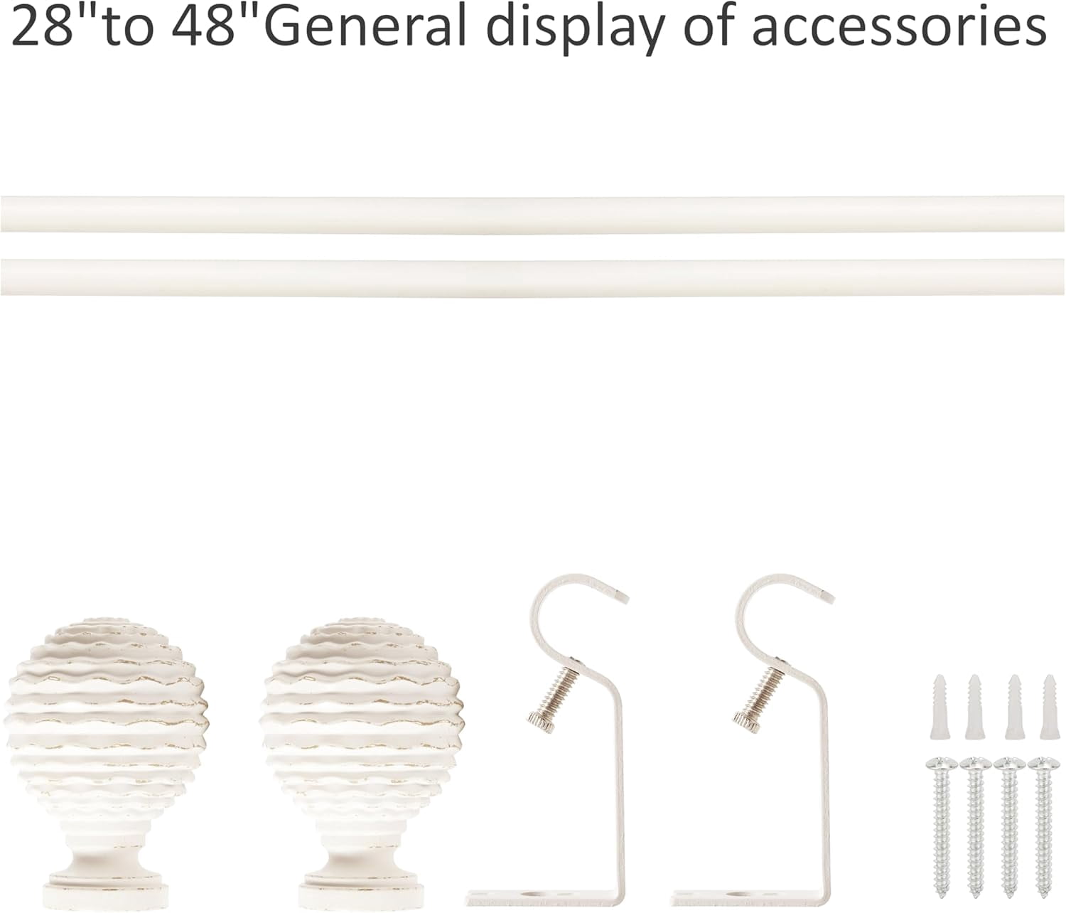 eTeckram 5/8" Single Curtain Rod with Boule Finials,Weathered White,28‘’-48‘’