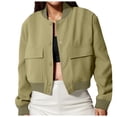 thumbnail image 1 of PEASKJP Womens Cropped Bomber Jacket Button Down Varsity Jackets Shackets With Pockets(Green,S), 1 of 5