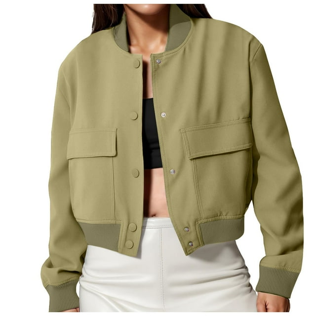 PEASKJP Womens Cropped Bomber Jacket Button Down Varsity Jackets Shackets With Pockets(Green,S)