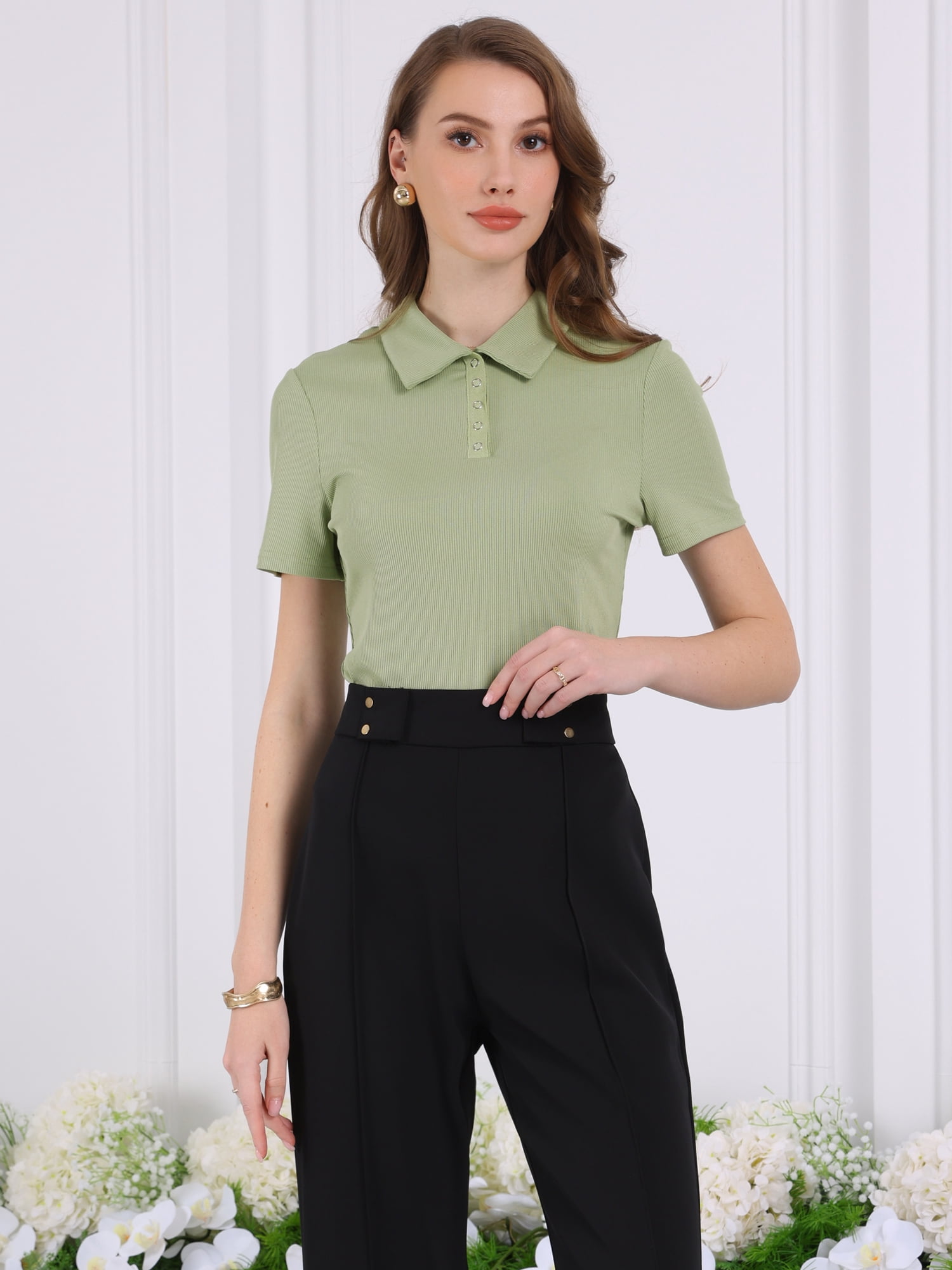DARING DIVA Short Sleeve Stretch Polo Shirt Body Suit L Green