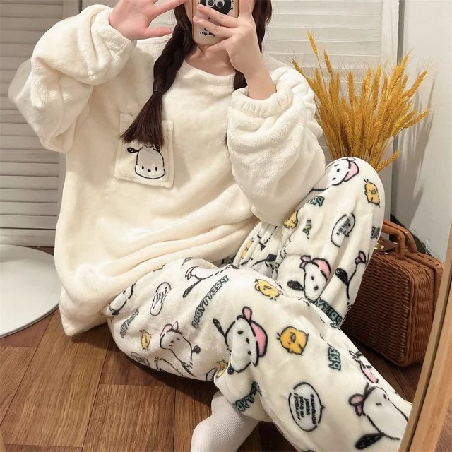 1 juego de camisón Cinnamoroll Kuromi HelloKittys, pijama de felpa para mujer, conjunto Kawaii de primavera e invierno, ropa para el hogar, nueva y gruesa para niña