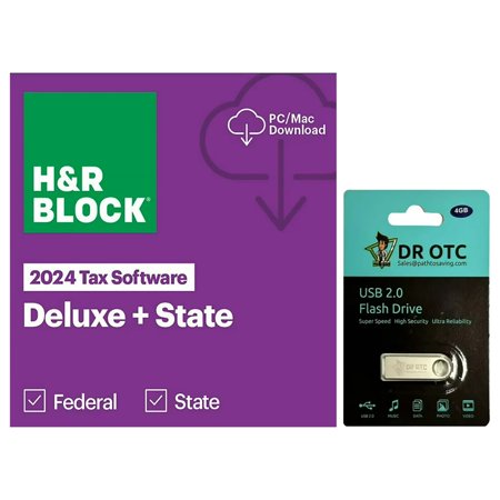 HR Block - Tax Software 24 Deluxe + State Win/Mac WAL ESD - BONUS FREE Dr OTC USB Drive 4GB